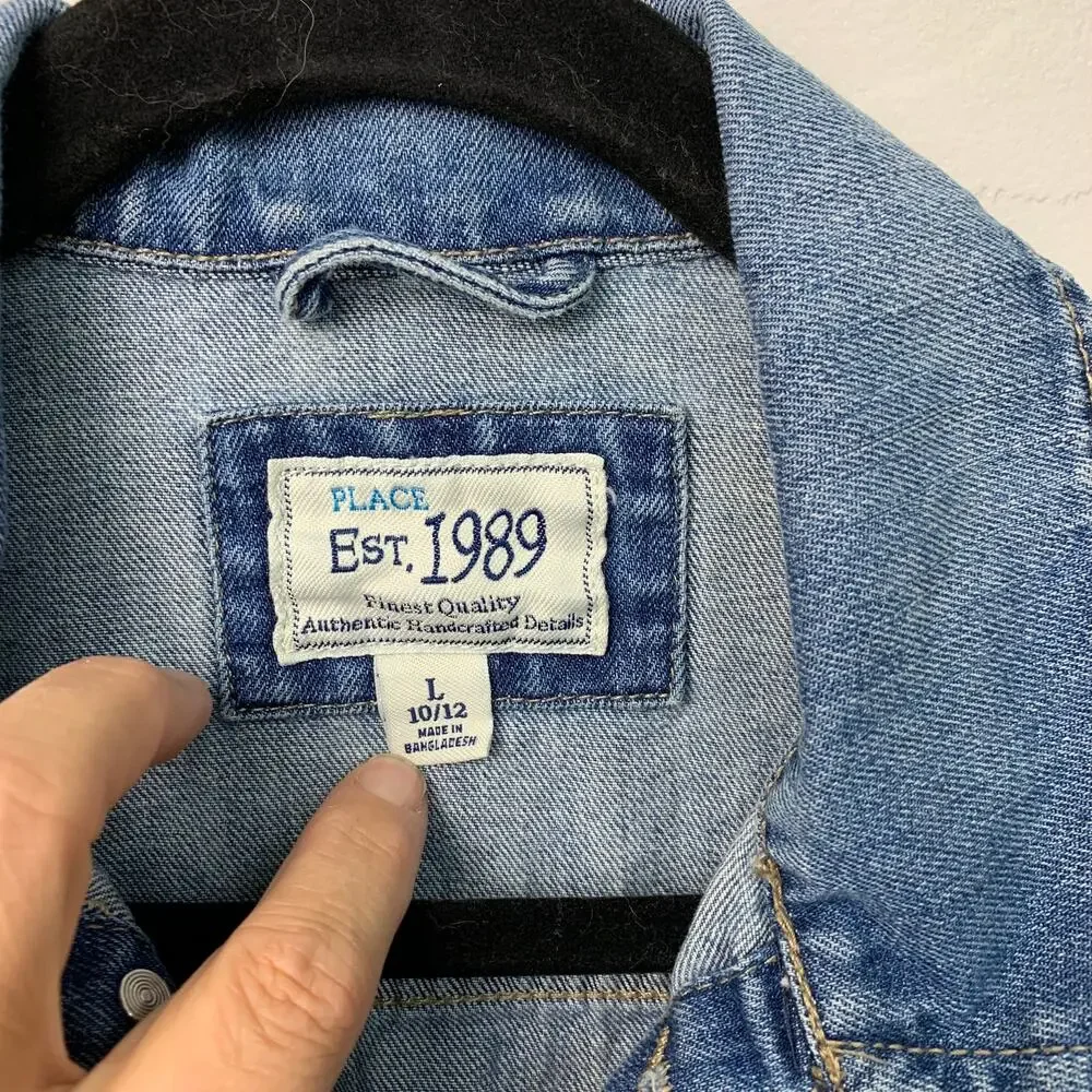 The Children's Place Girls Sz Large 10/12 Denim Jean Jacket Buttons Moto Casual
